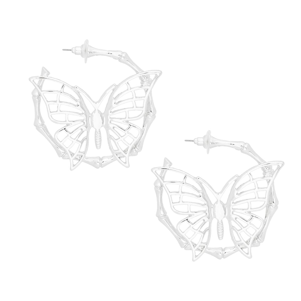 Hoop Dimensional Butterfly Silver Bamboo Earrings