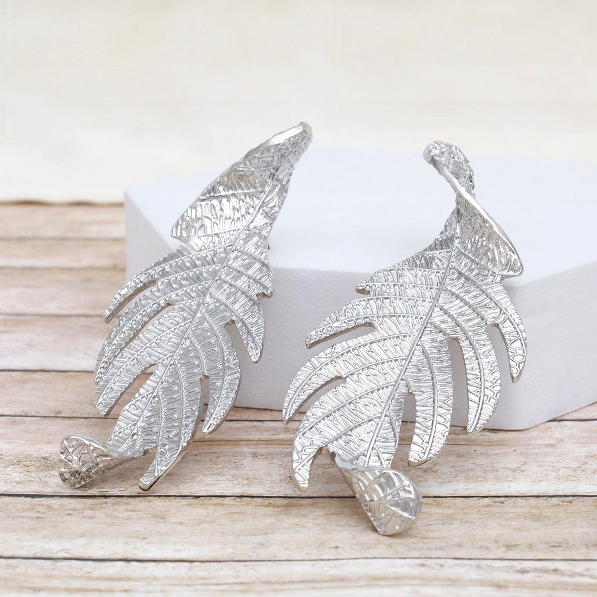 Stud Elongated Silver Twisted Leaf Organic Earrings