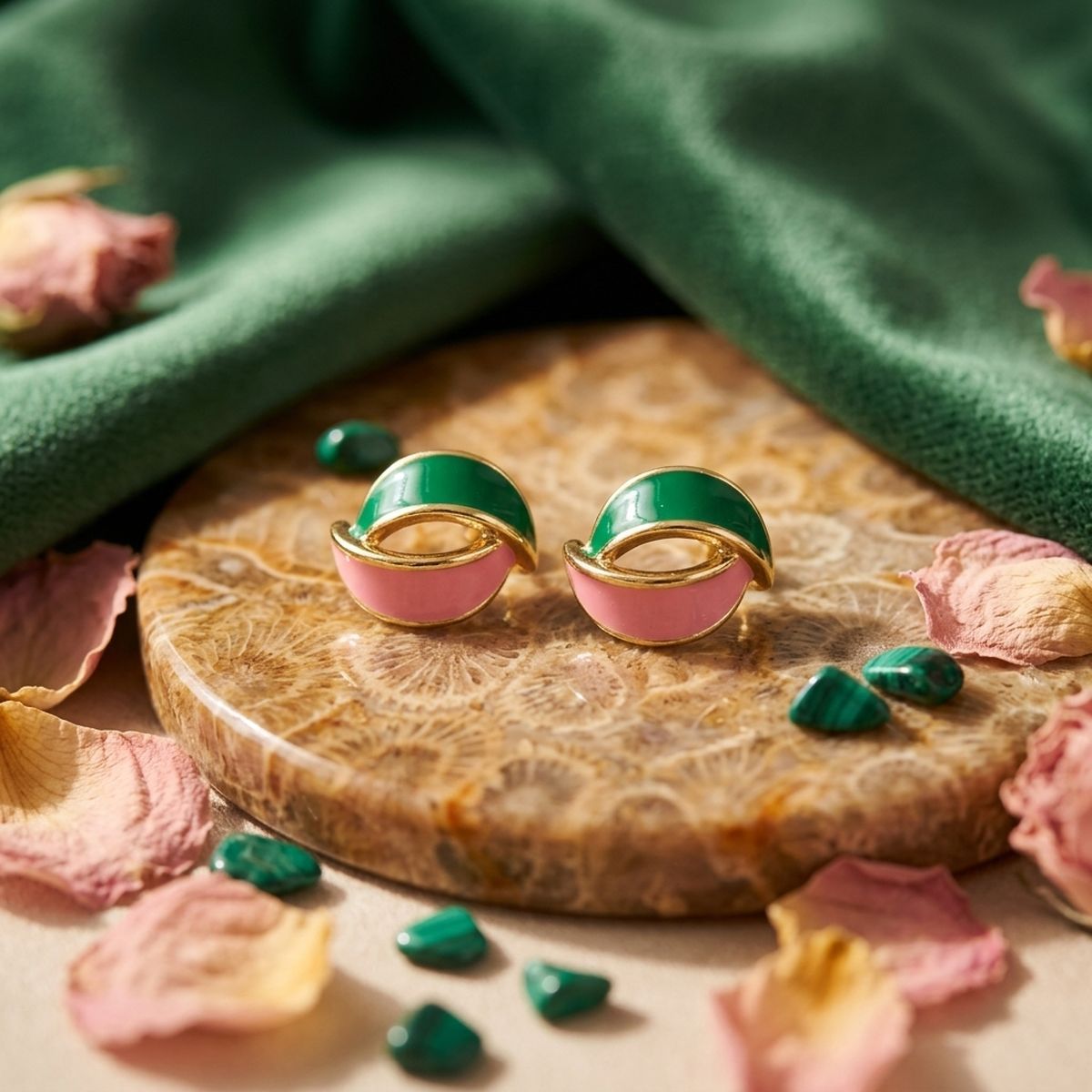 14K Gold Pink Green AKA Curved Stud Earrings