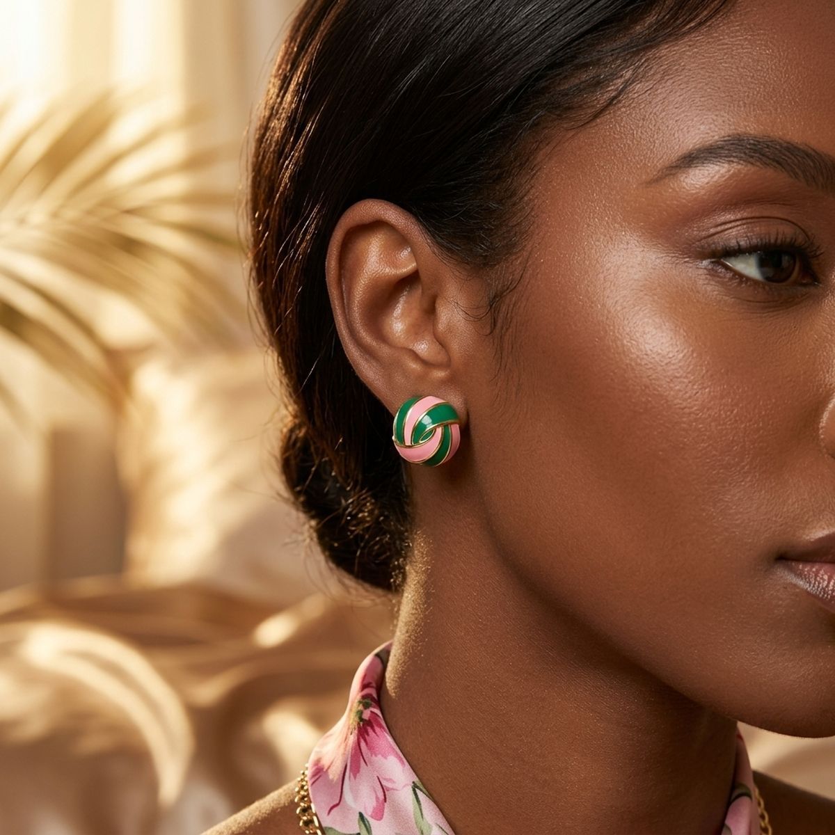 14K Gold Pink Green AKA Swirl Square Stud Earrings