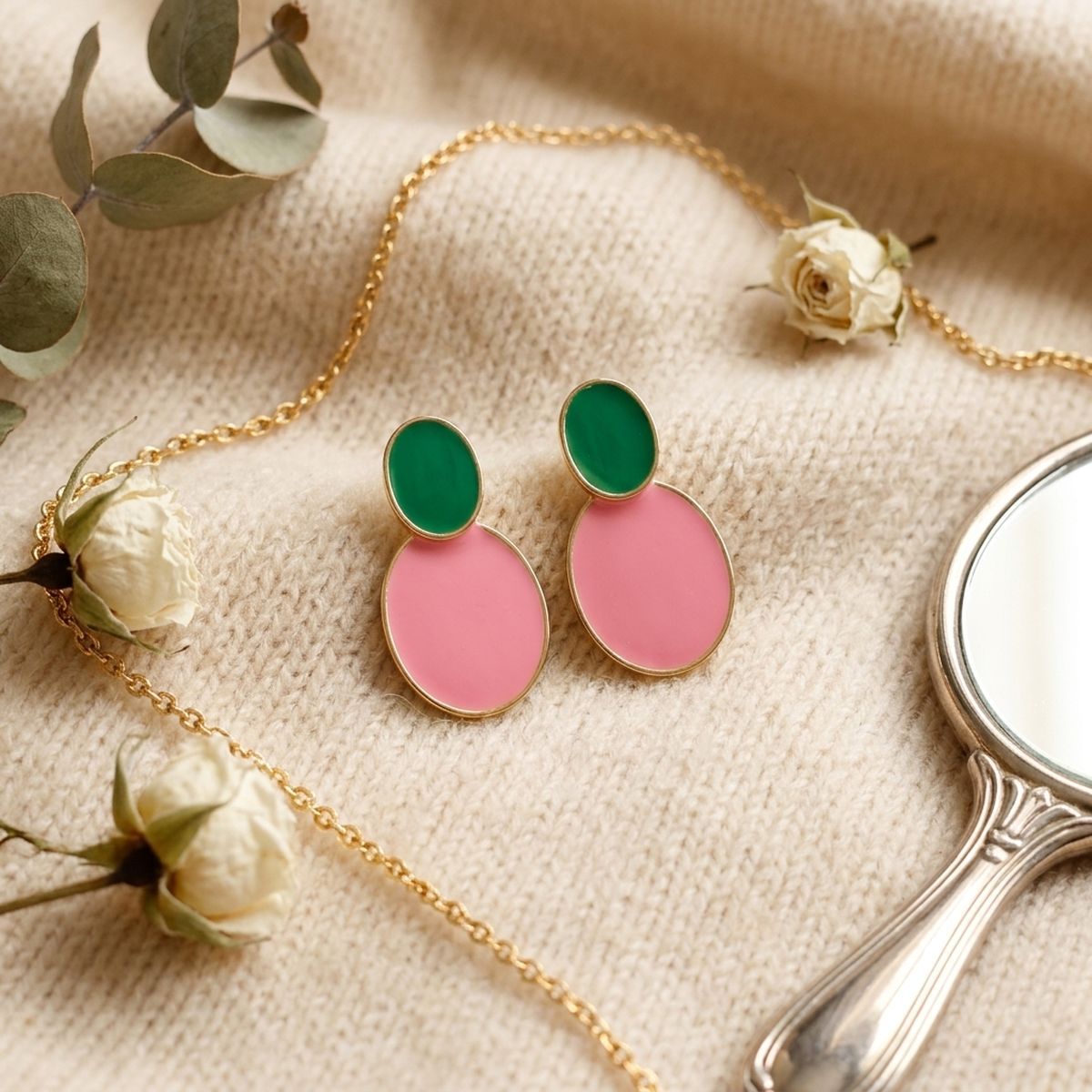 14K Gold Pink Green AKA Double Oval Earrings