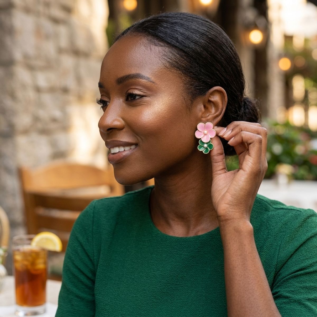 14K Gold Pink Green AKA Double Flower Earrings