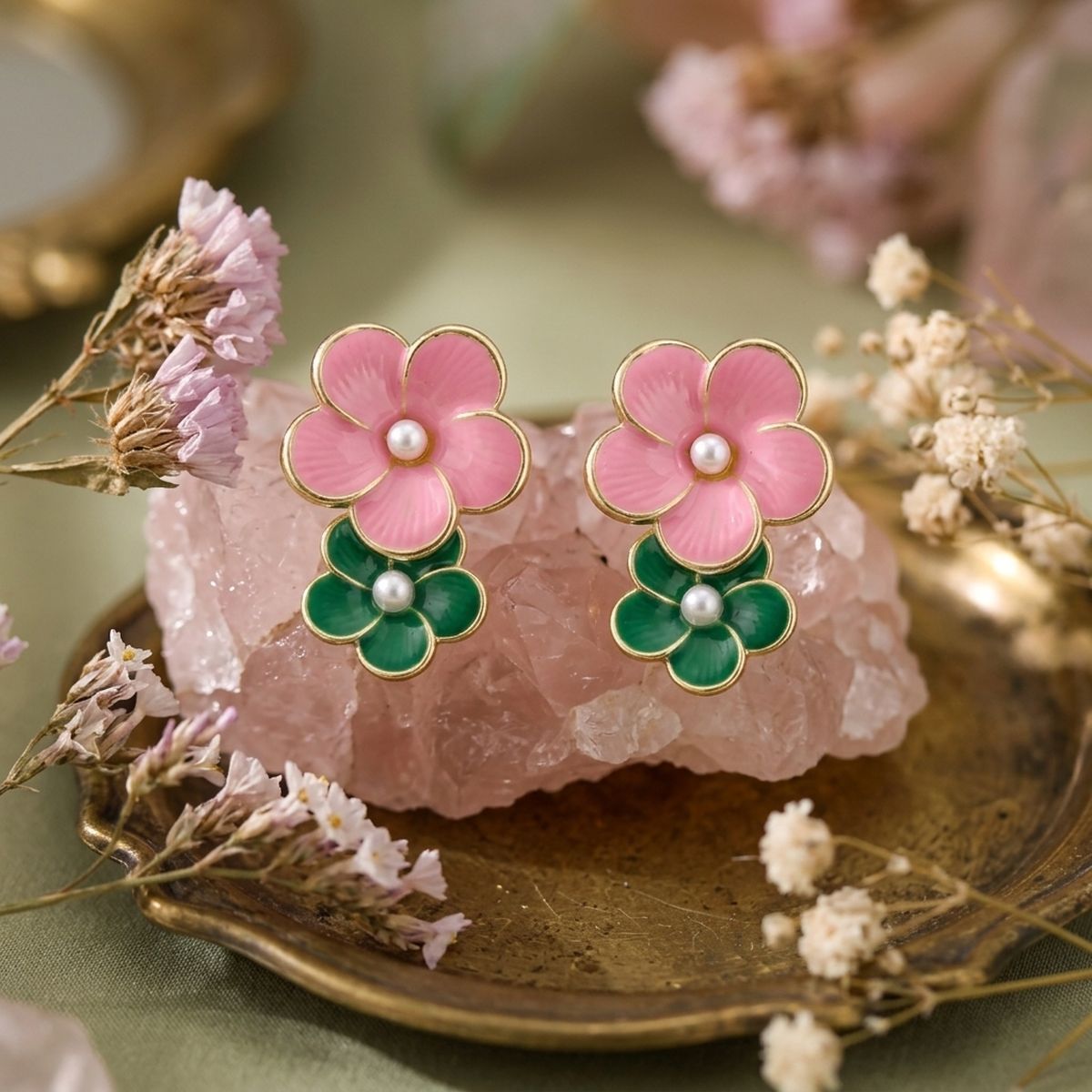 14K Gold Pink Green AKA Double Flower Earrings