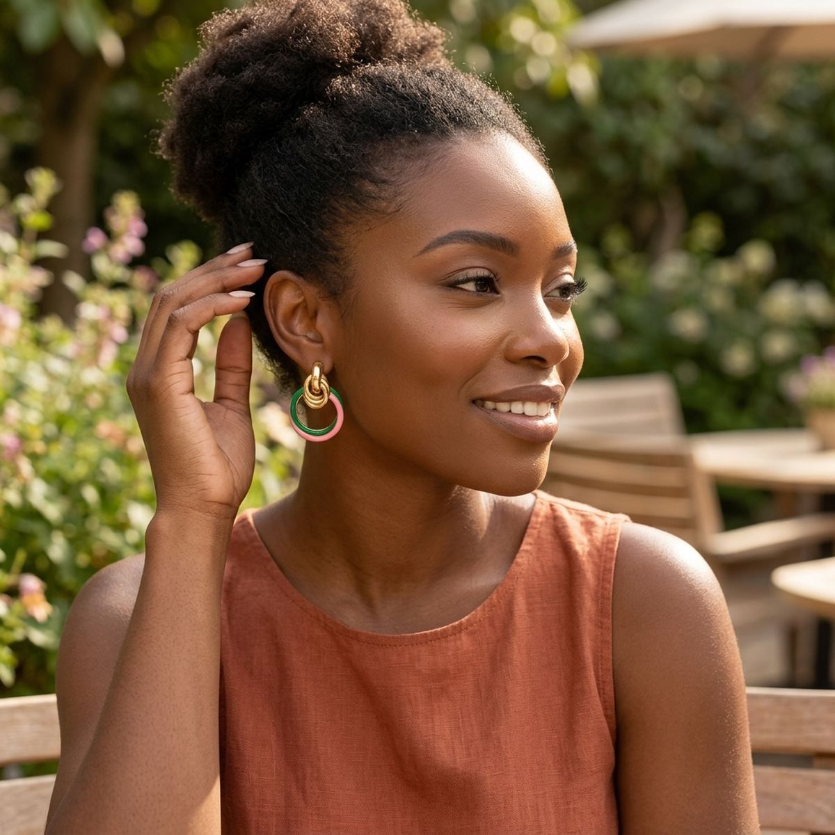 14K Gold Pink Green AKA Interlocking Ring Earrings