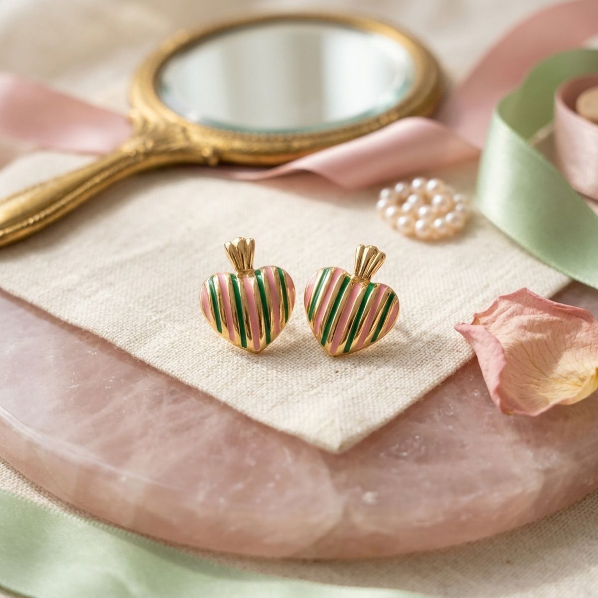 14K Gold Pink Green AKA Striped Heart Earrings