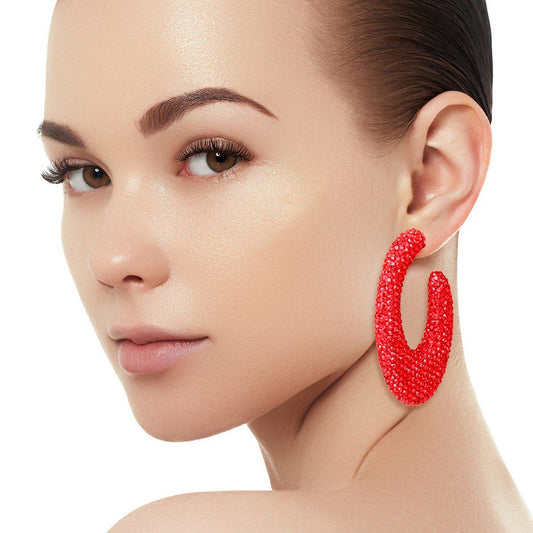 Teardrop Red Stone Crusted Open Hoop Earrings