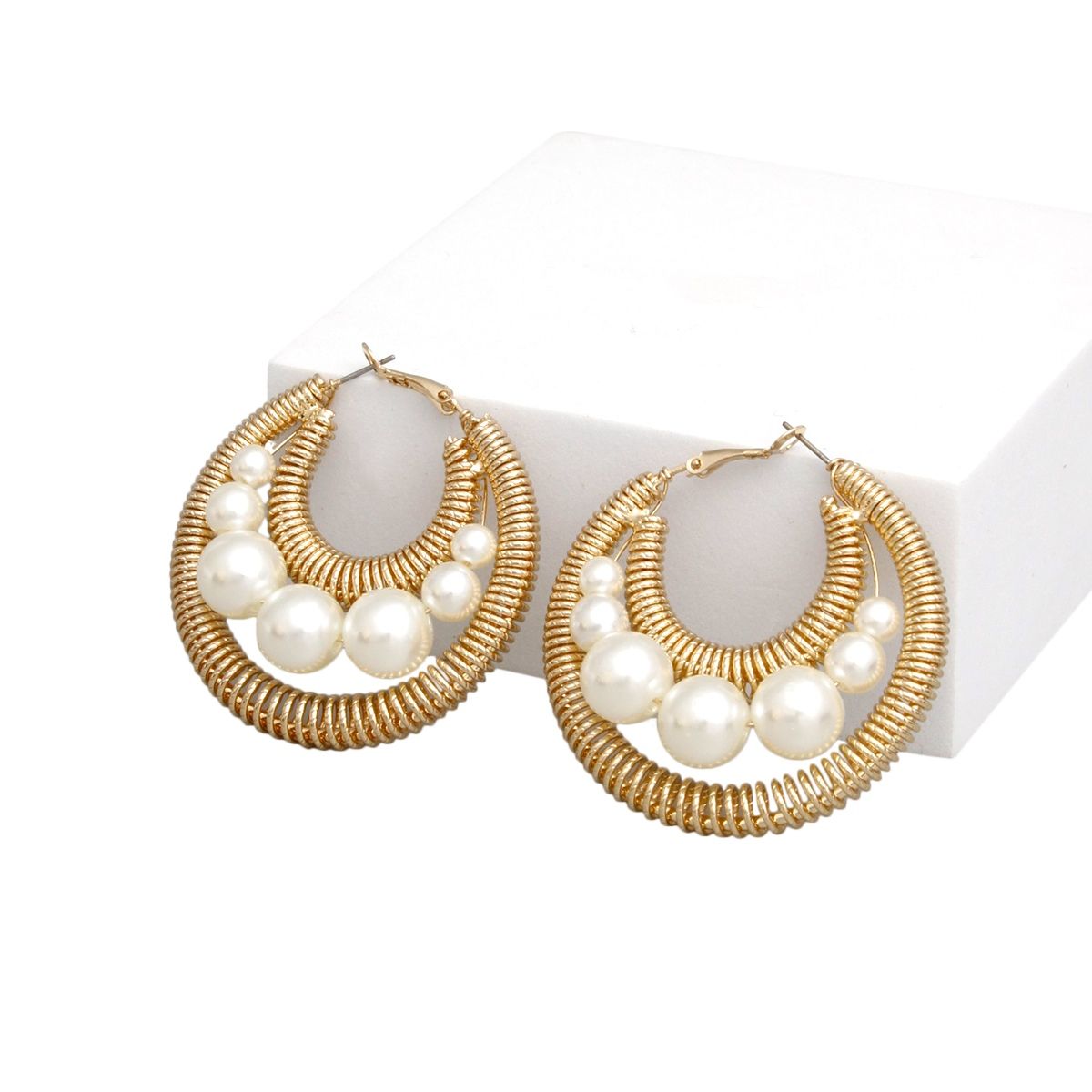 Hoops Gold Double Coiled Wire Pearl Earrings