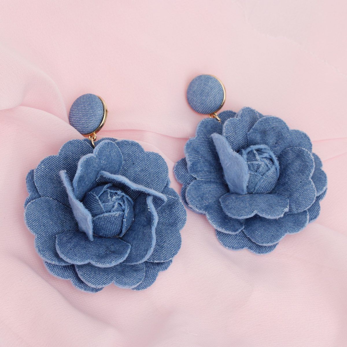 Drop Large Denim Blue Flower Earrings for Women
