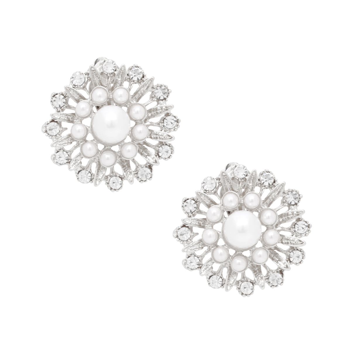 Clip On Runway Worthy Silver Pearl Round Earrings