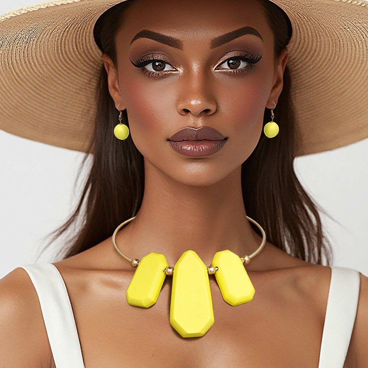 Bib Yellow Chunky Wood Gold Rigid Collar Necklace