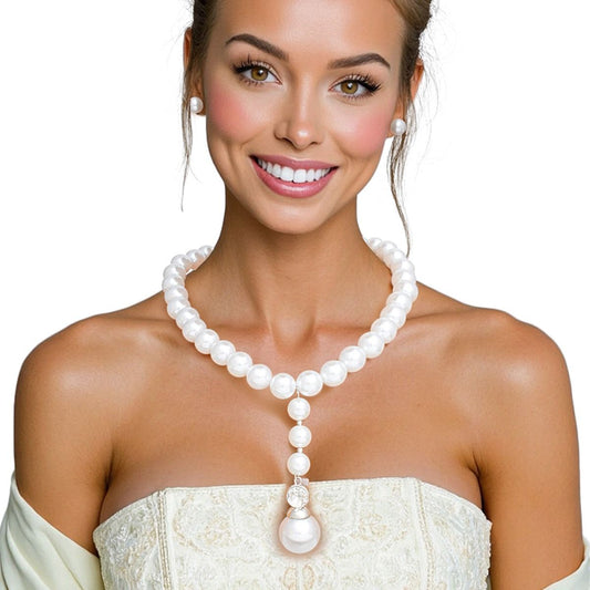 Necklace White Pearl Drop Pendant Set for Women