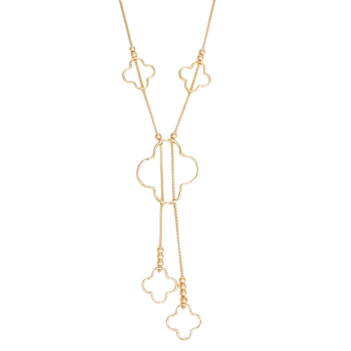 Negligee Long Gold Box Chain Quatrefoil Necklace