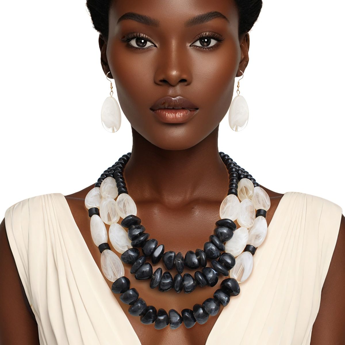 Beaded Black Stone 3 Layer Tribal Necklace Set