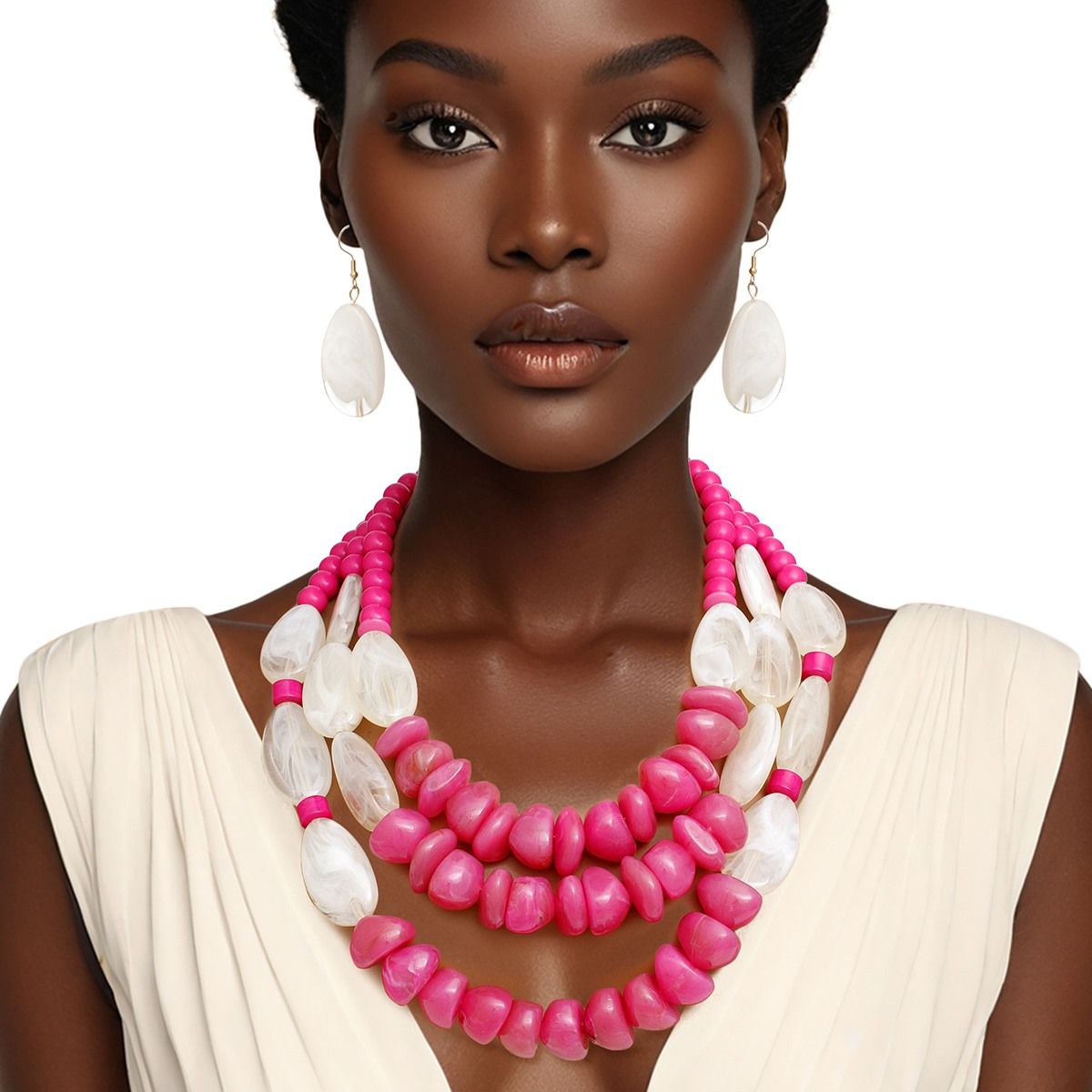 Beaded Fuchsia Stone 3 Layer Tribal Necklace Set