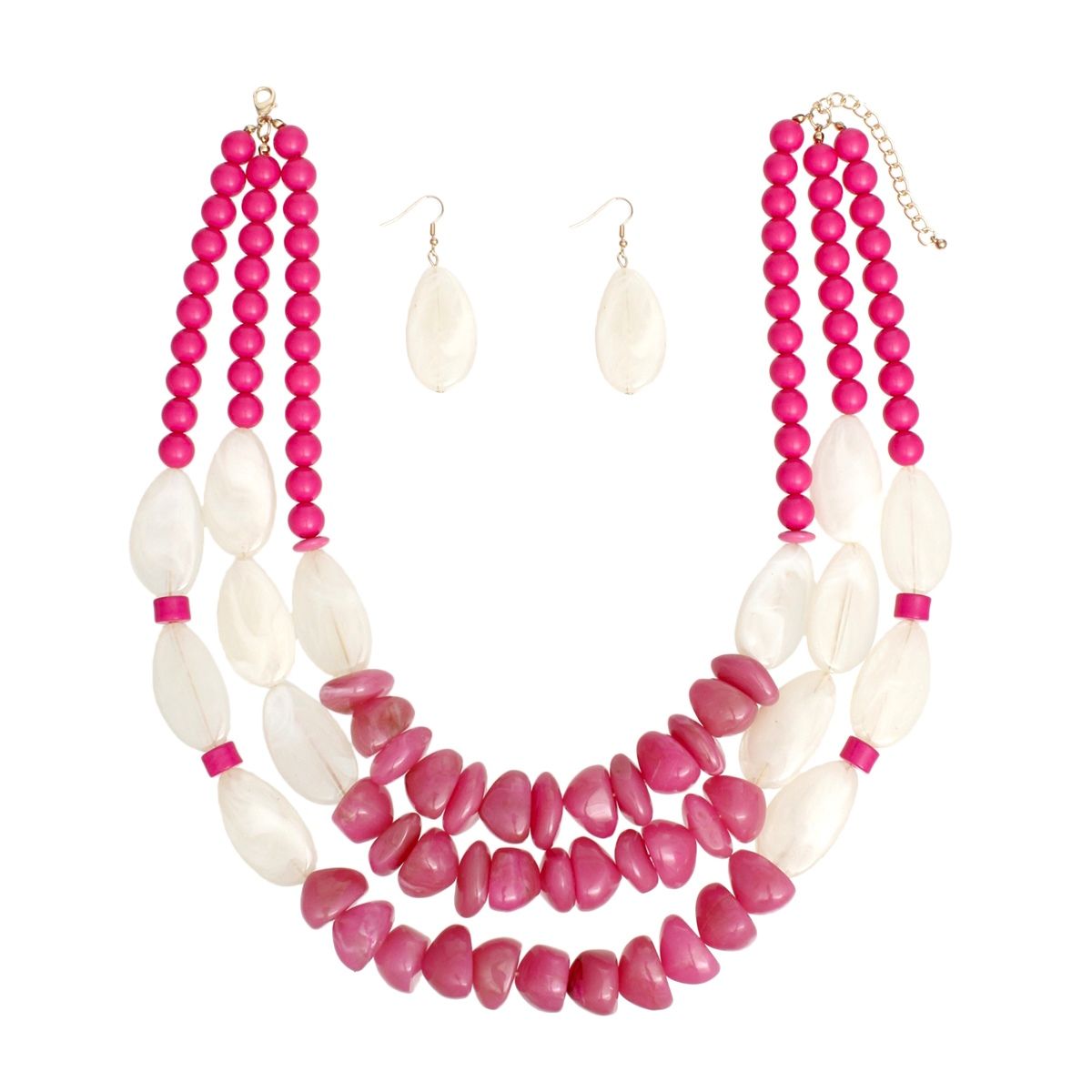 Beaded Fuchsia Stone 3 Layer Tribal Necklace Set