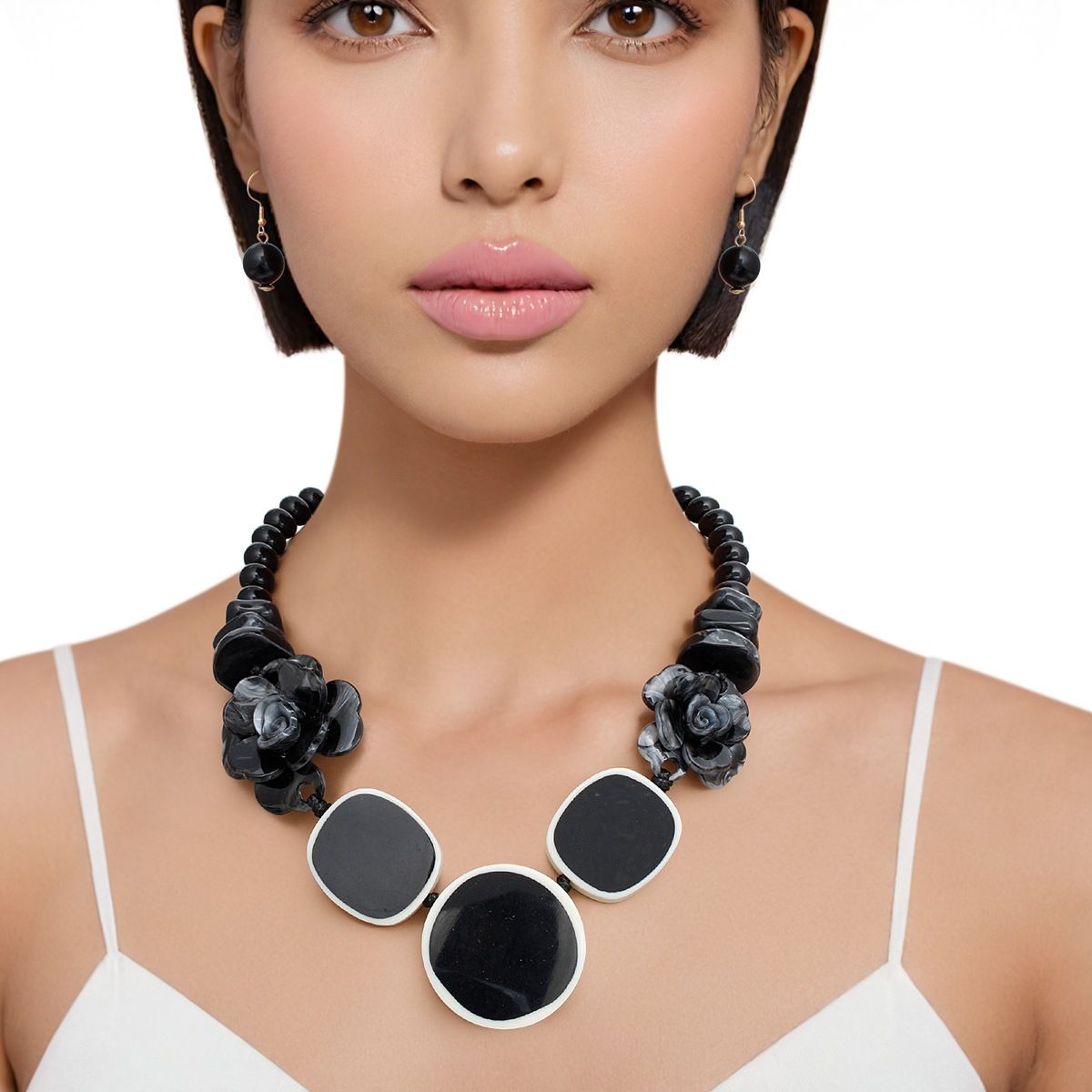 Beaded Artistic Black Flower Statement Necklace