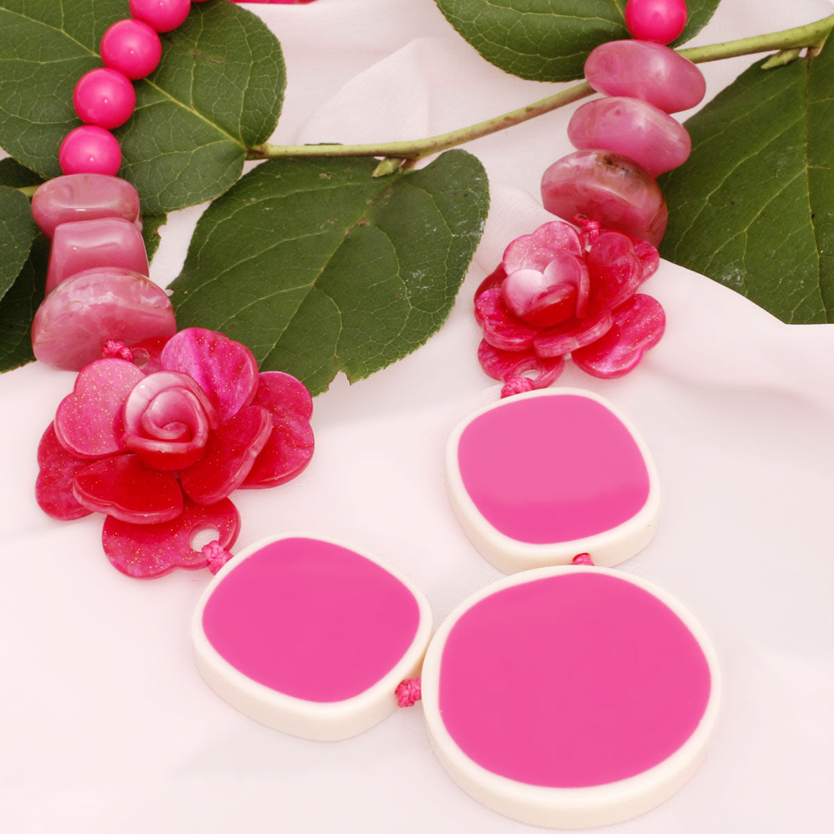 Beaded Artistic Fuchsia Flower Statement Necklace