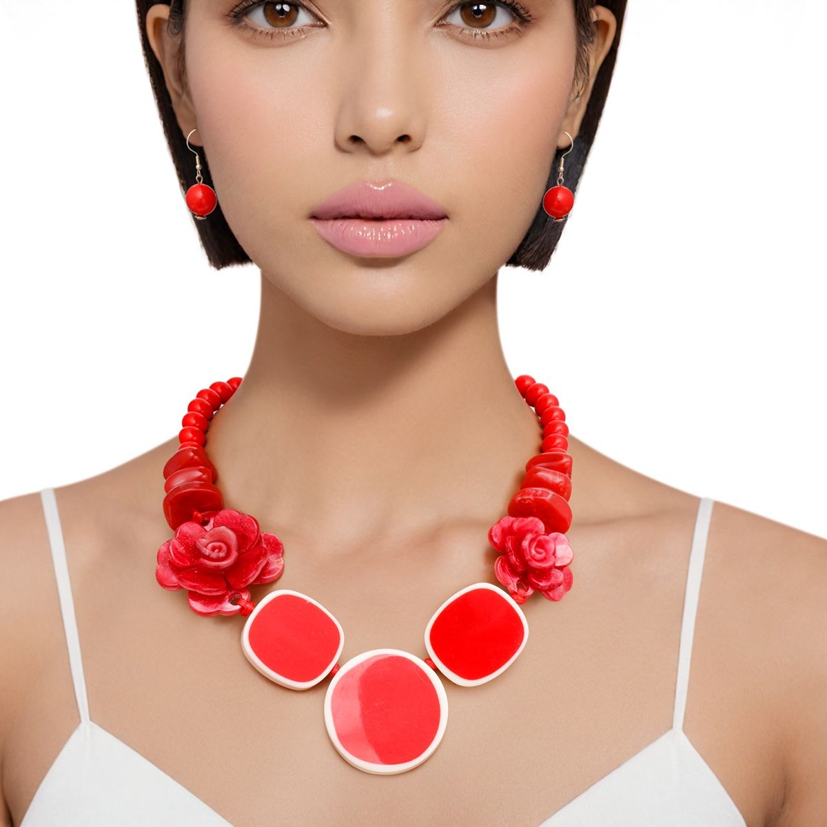 Beaded Artistic Red Flower Statement Necklace