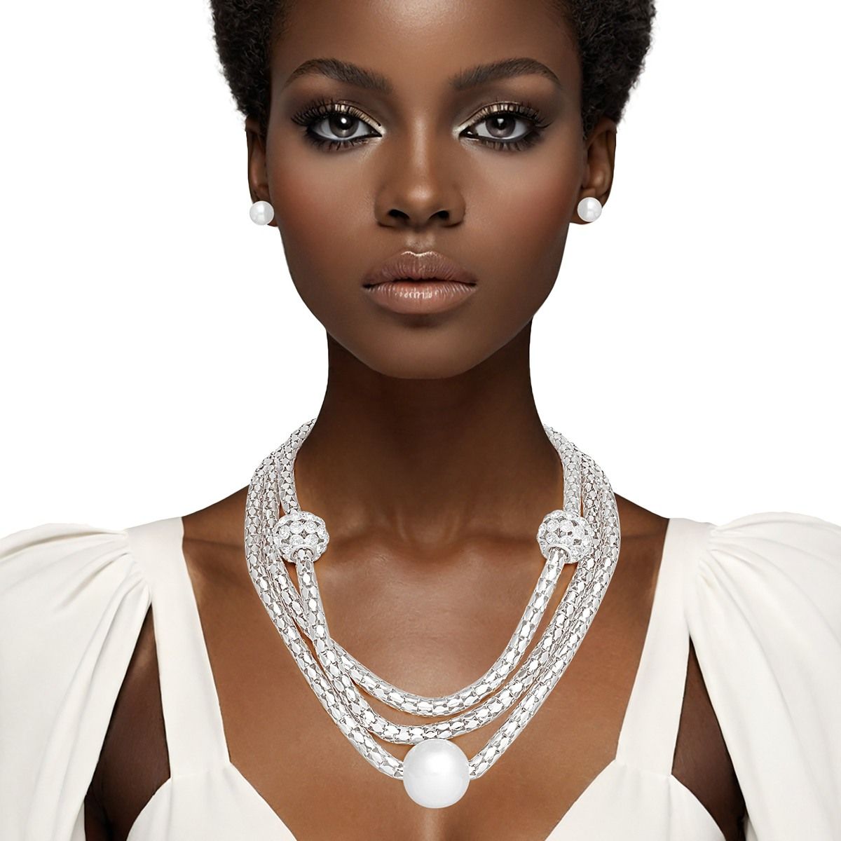 Layered Silver Mesh Snake Chain Ball Pearl Set