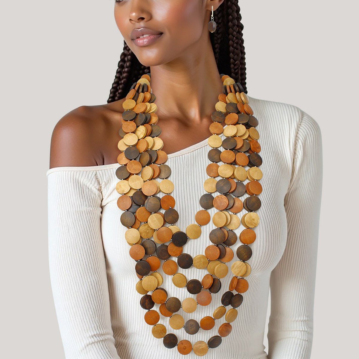 Beaded Long Brown Wooden Disc Layered Necklace