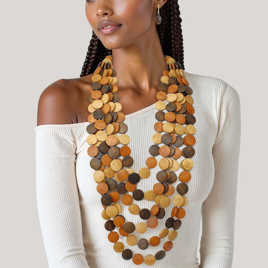 Beaded Long Brown Wooden Disc Layered Necklace