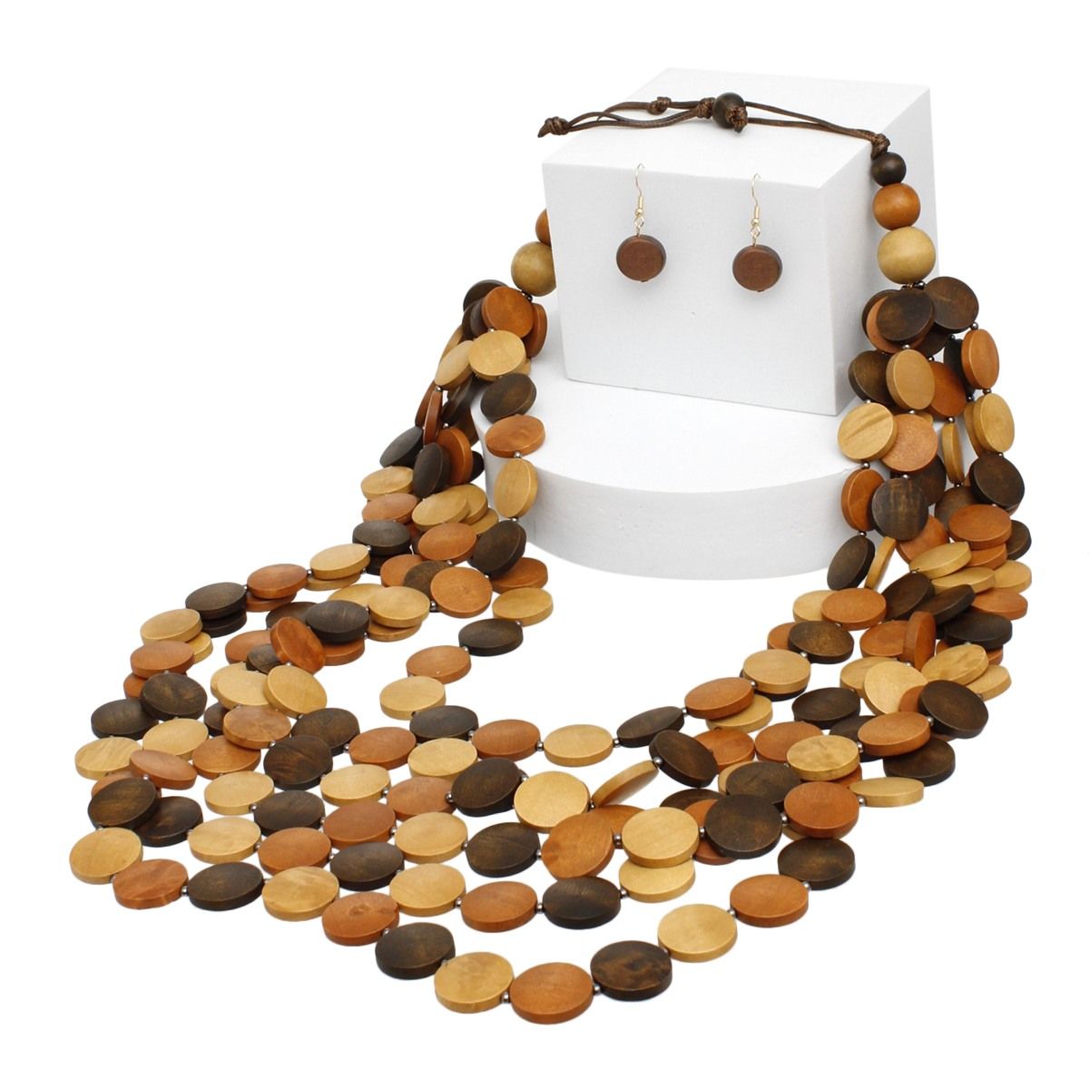 Beaded Long Brown Wooden Disc Layered Necklace