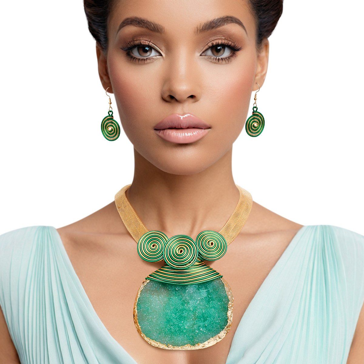 Pendant Green Druzy Stone Wire Tribal Necklace