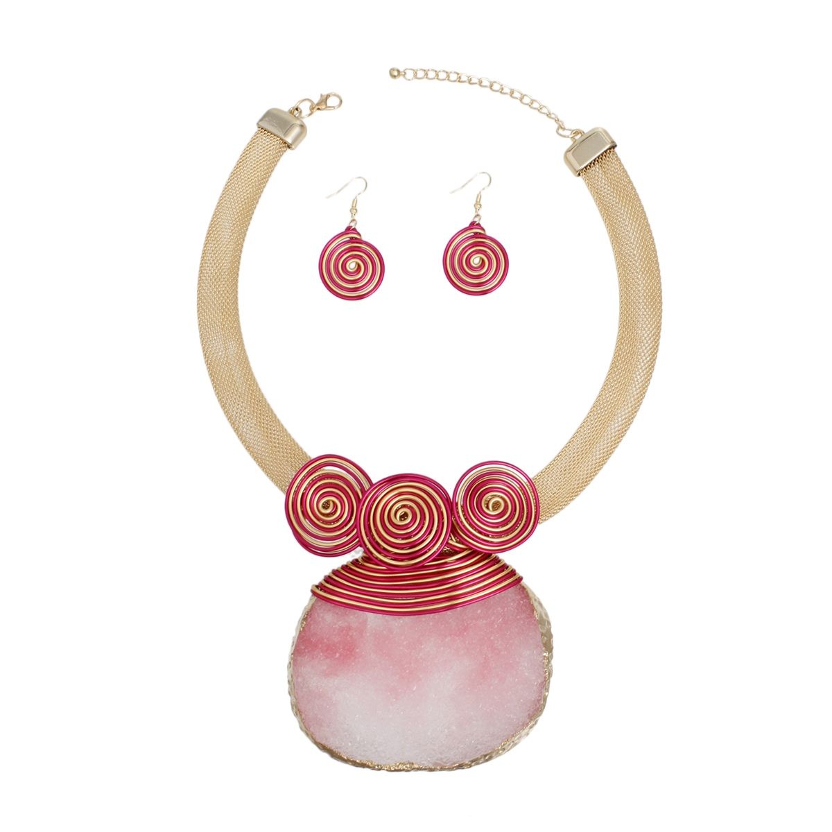 Pendant Pink Druzy Stone Wire Tribal Necklace