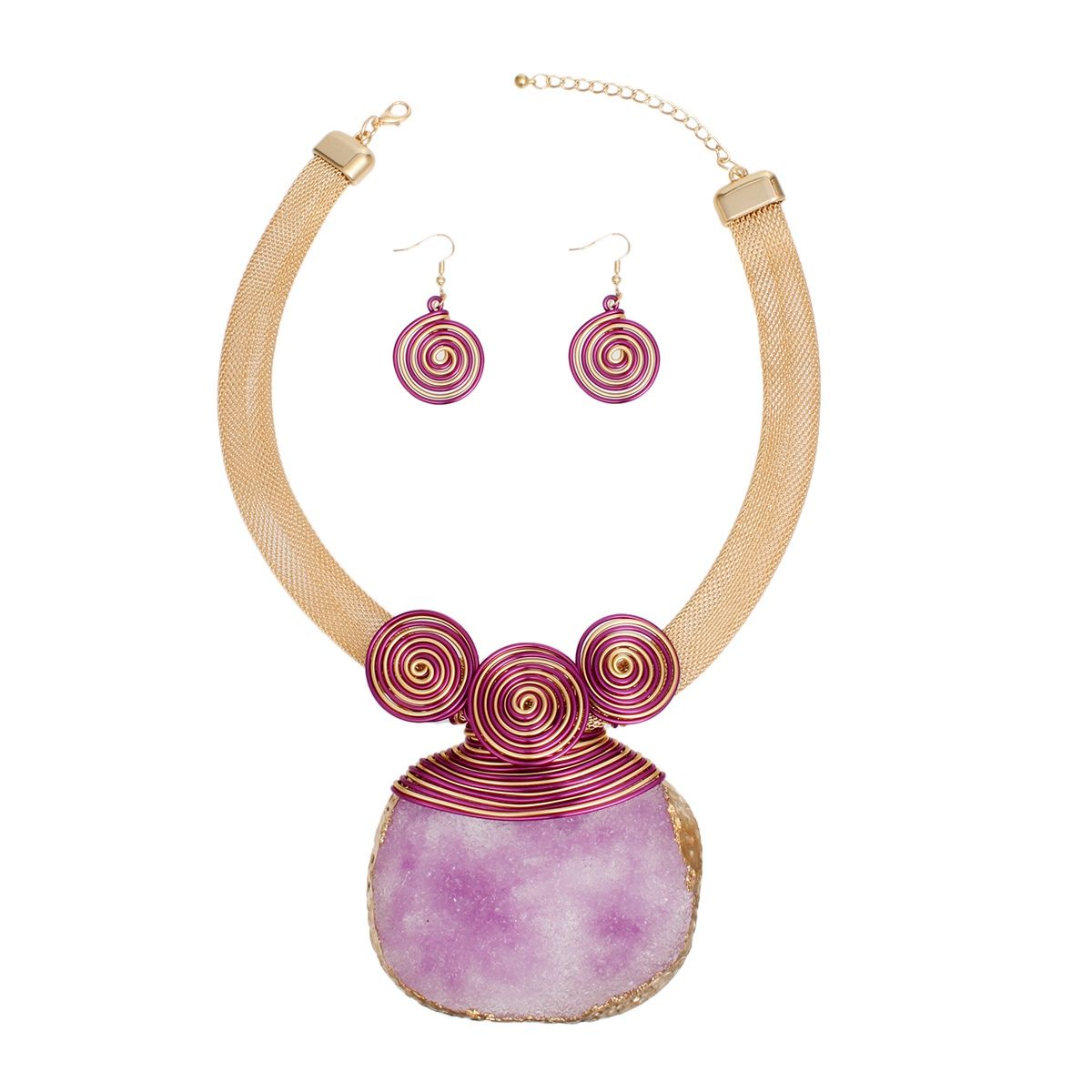 Pendant Purple Druzy Stone Wire Tribal Necklace