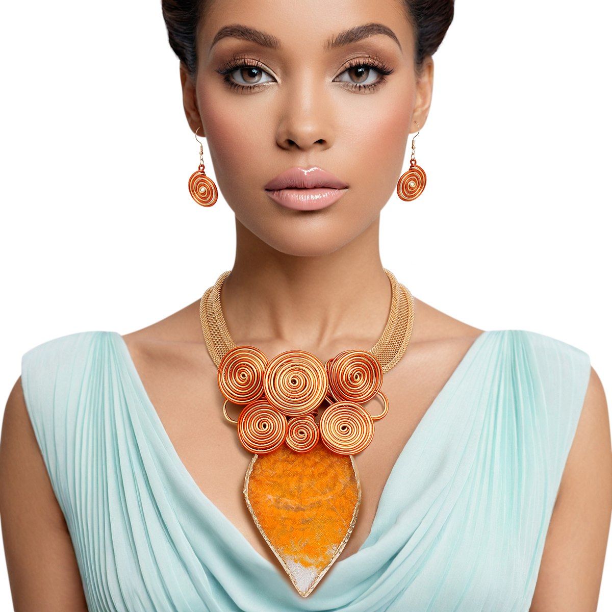 Pendant Orange Resin Leaf Wire Tribal Necklace