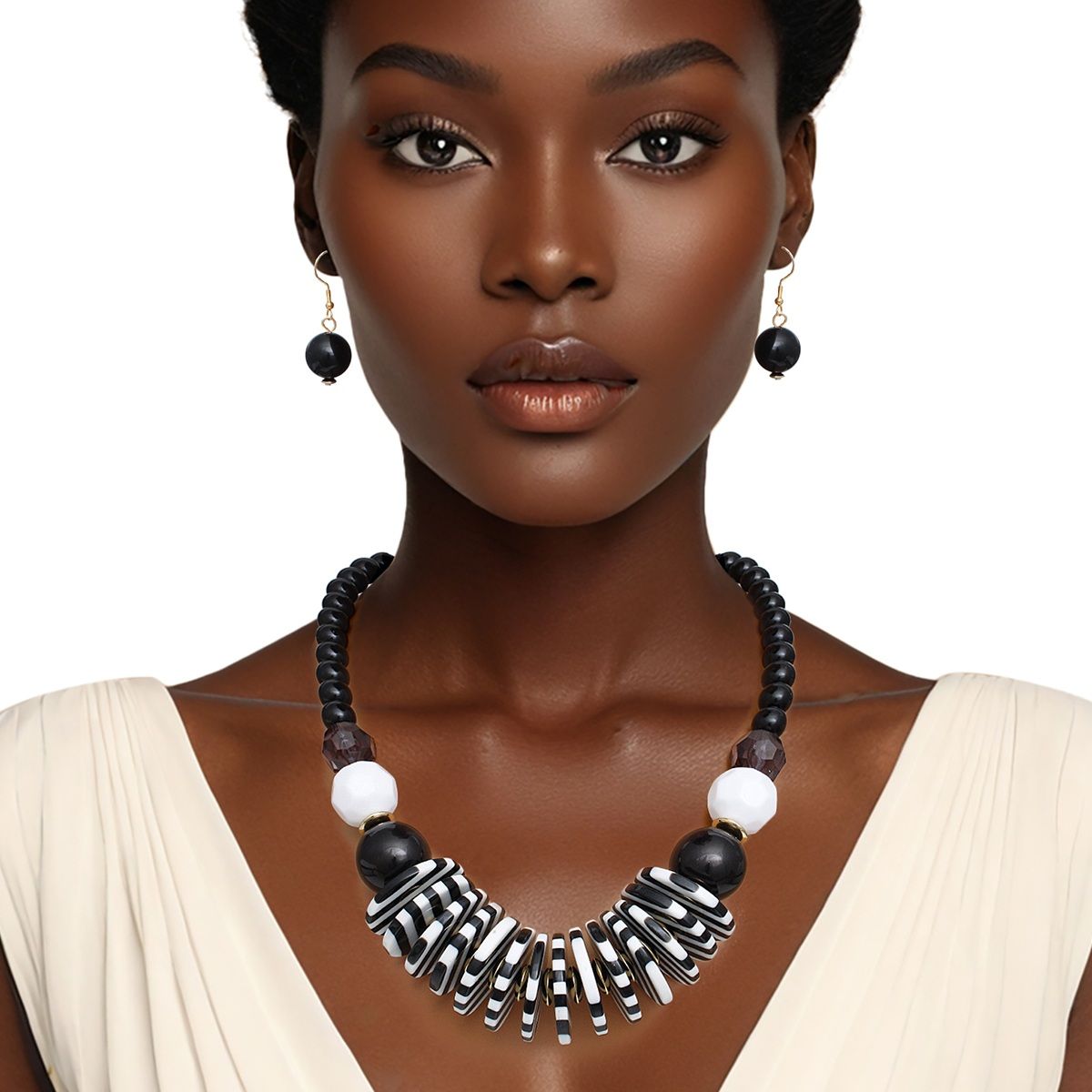 Beaded Funky Black and White Disc Necklace Set