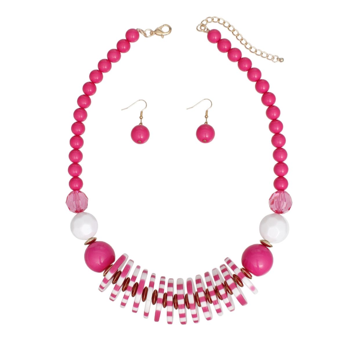 Beaded Funky Fuchsia and White Disc Necklace Set