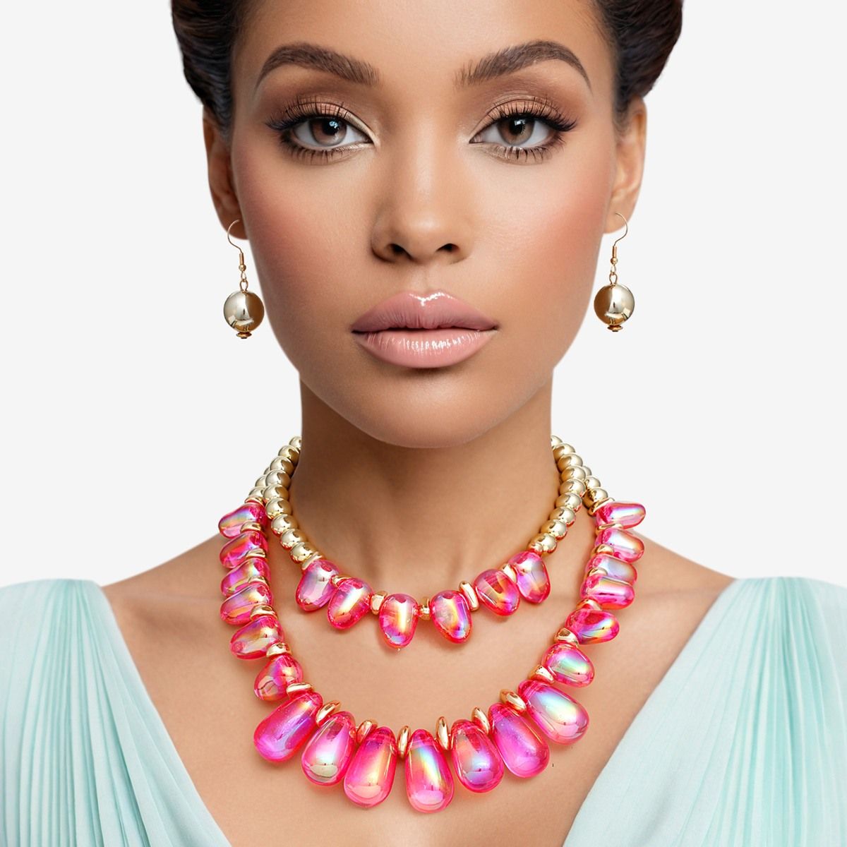 Beaded Fuchsia Iridescent Teardrop Bead Necklace