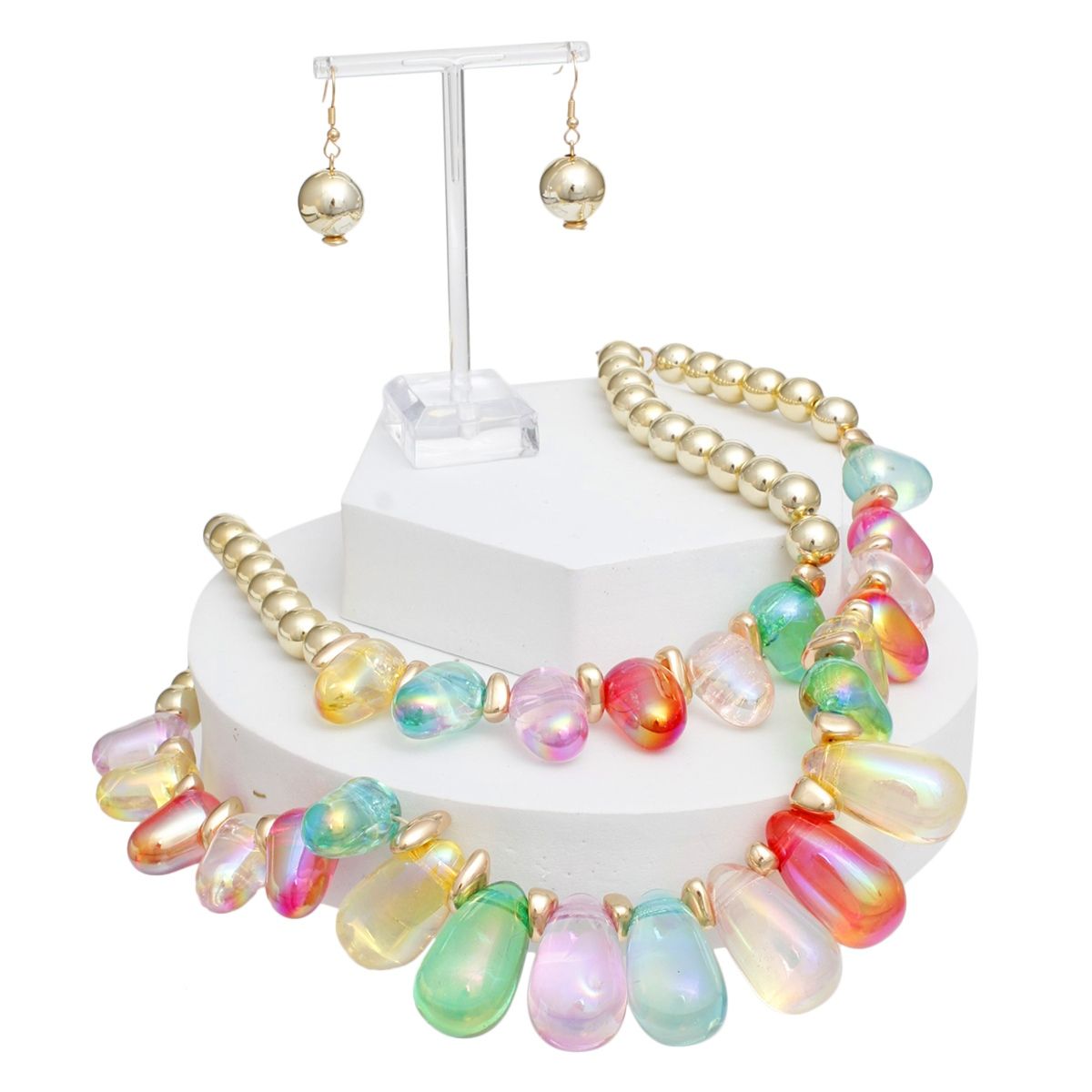Beaded Multi Iridescent Teardrop Bead Necklace