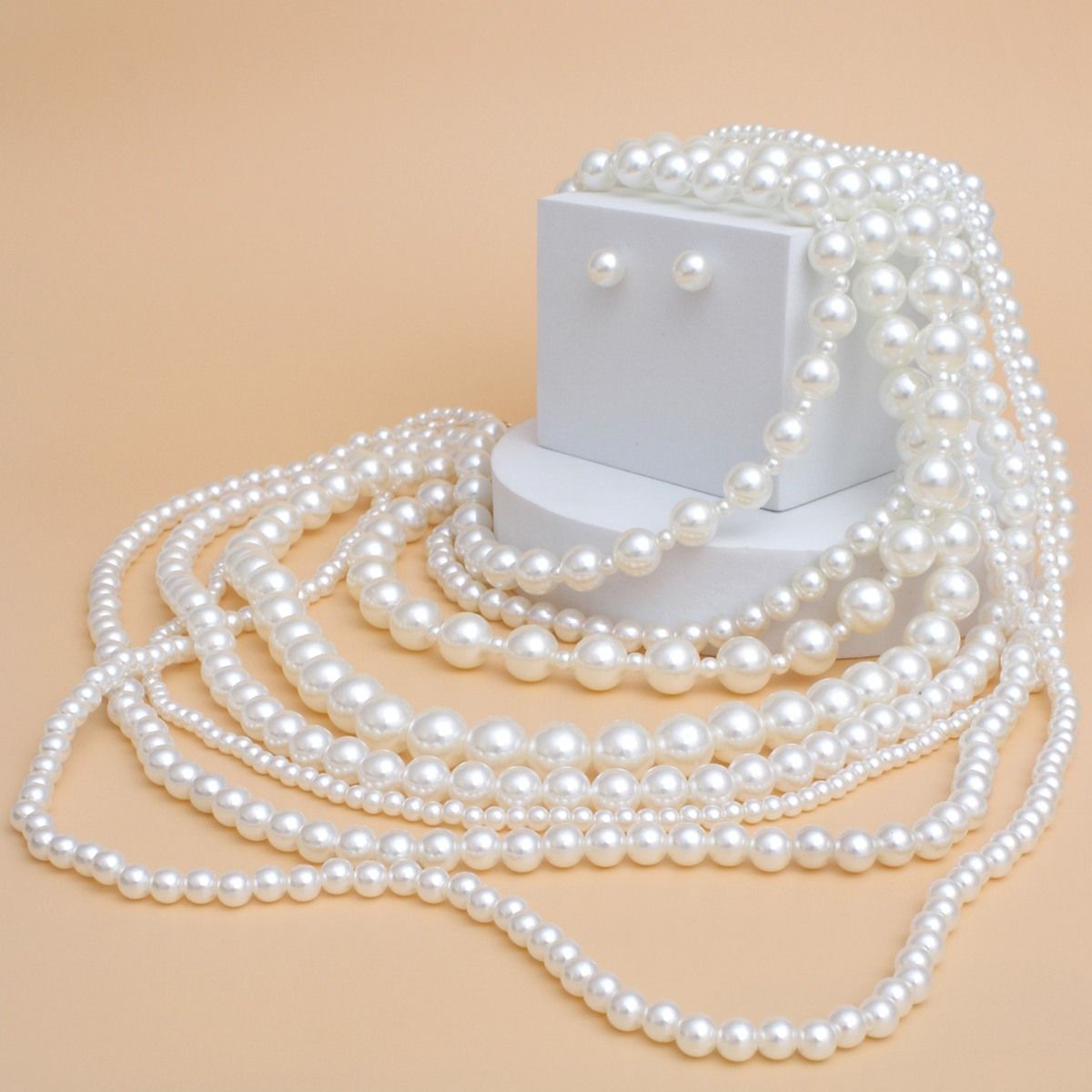 Pearl 8 Strand Cream Multi Layer Long Necklace