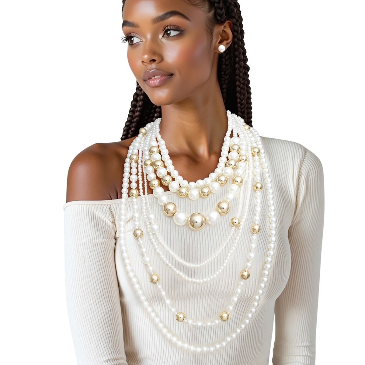 Long 7 Strand Cream Pearl Gold Ball Bead Necklace