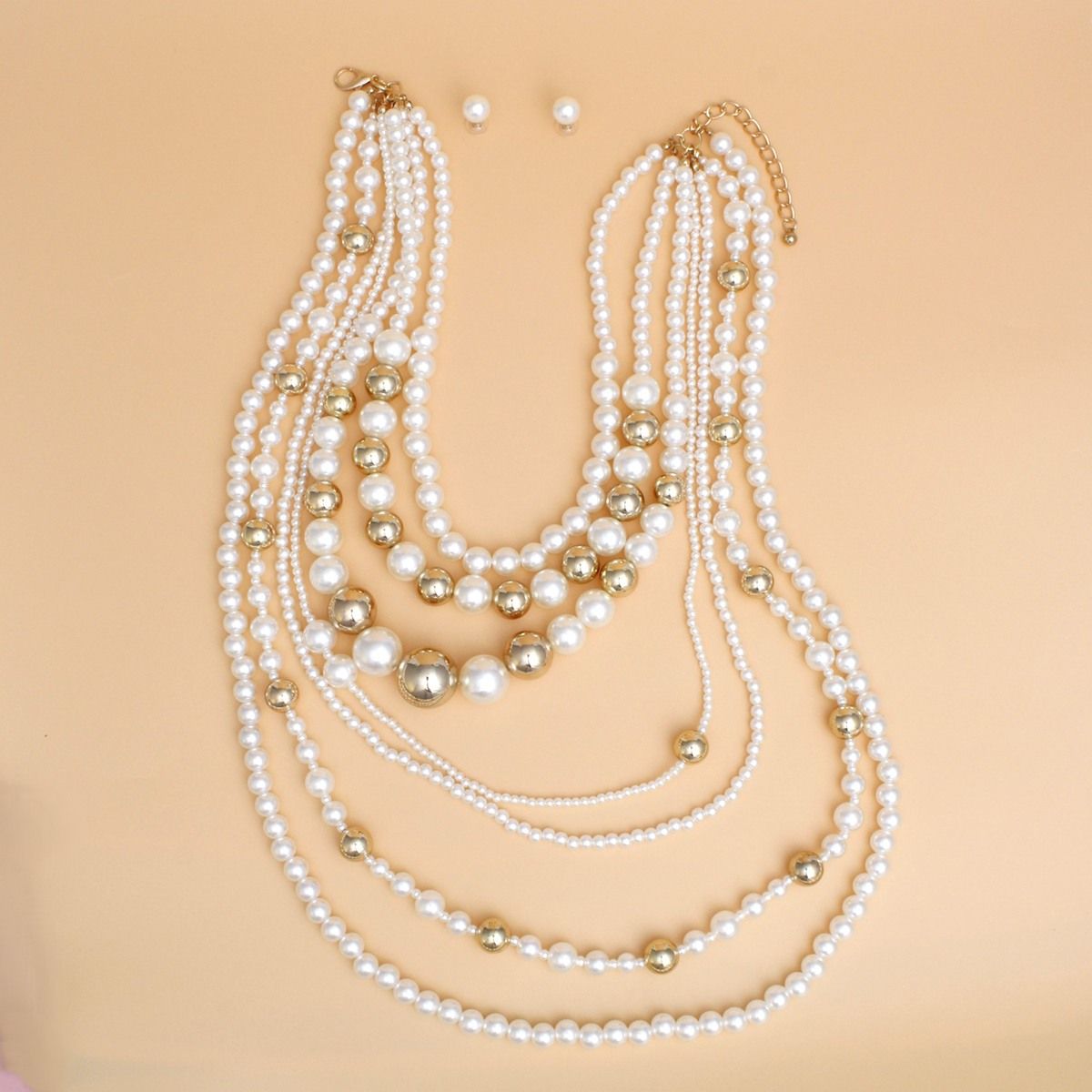 Long 7 Strand Cream Pearl Gold Ball Bead Necklace