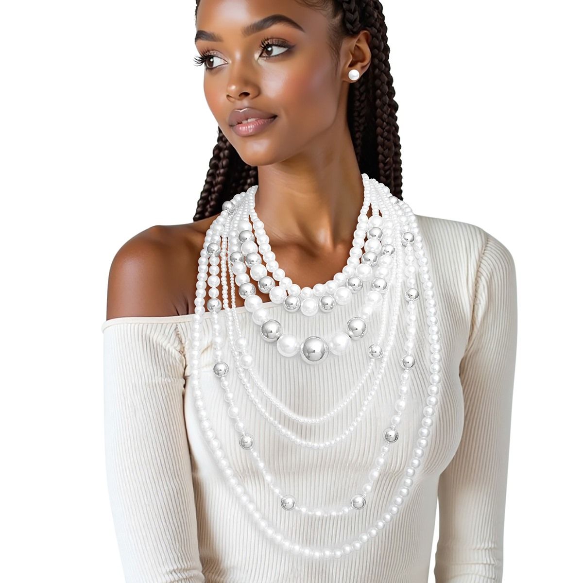 Long 7 Strand White Pearl Silver Ball Bead Necklace