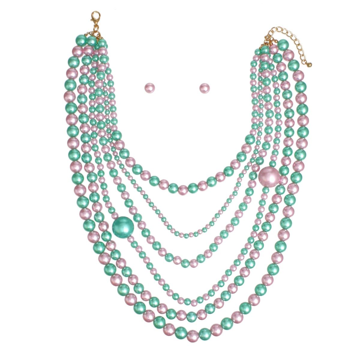 AKA Pink Green Pearl Long Layers 6 Strand Necklace