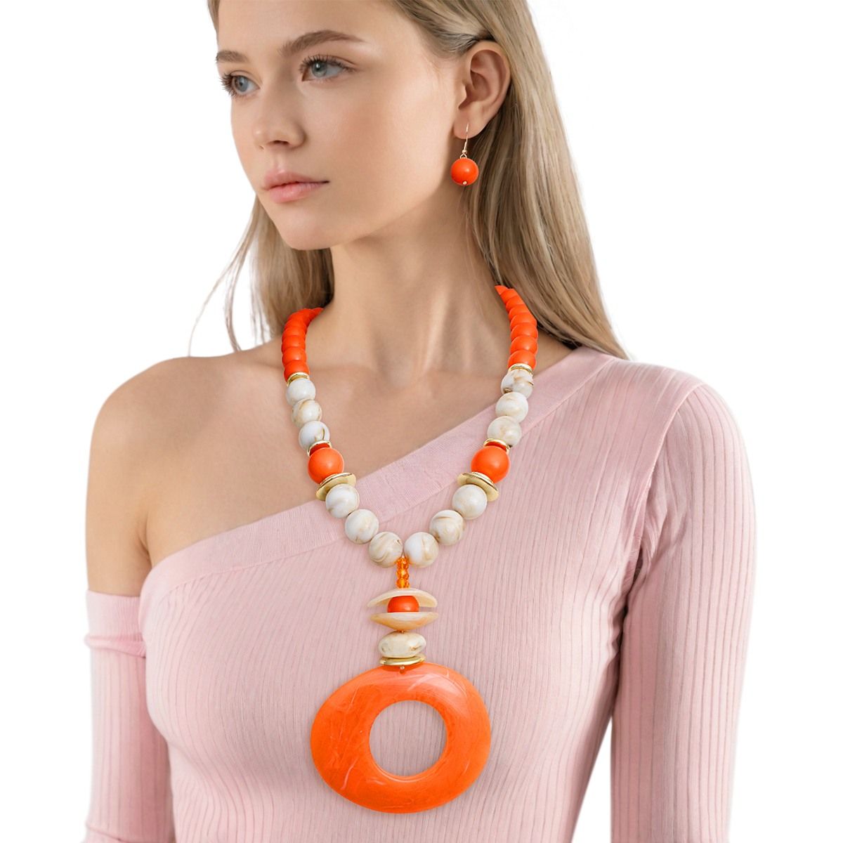 Pendant Orange Marble Bead Long Tribal Necklace
