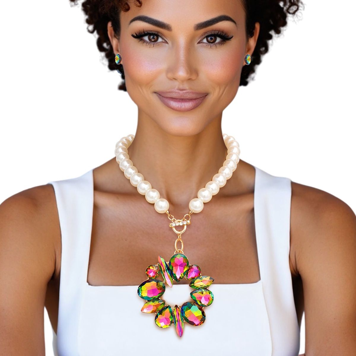 Toggle Pearl Pink Green Crystal Pendant Necklace