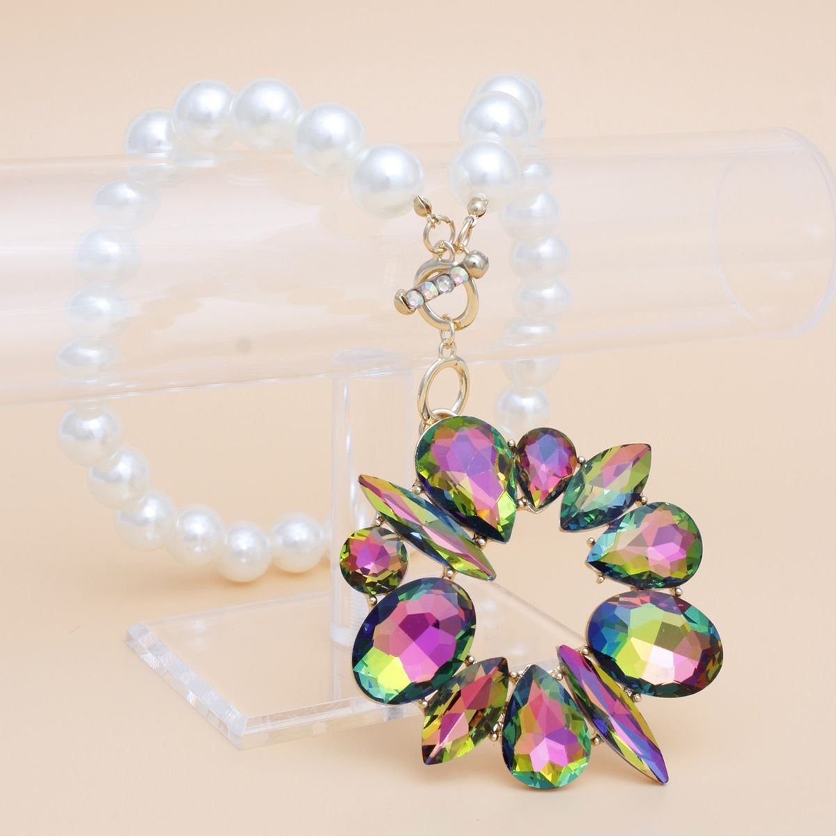 Toggle Pearl Pink Green Crystal Pendant Necklace