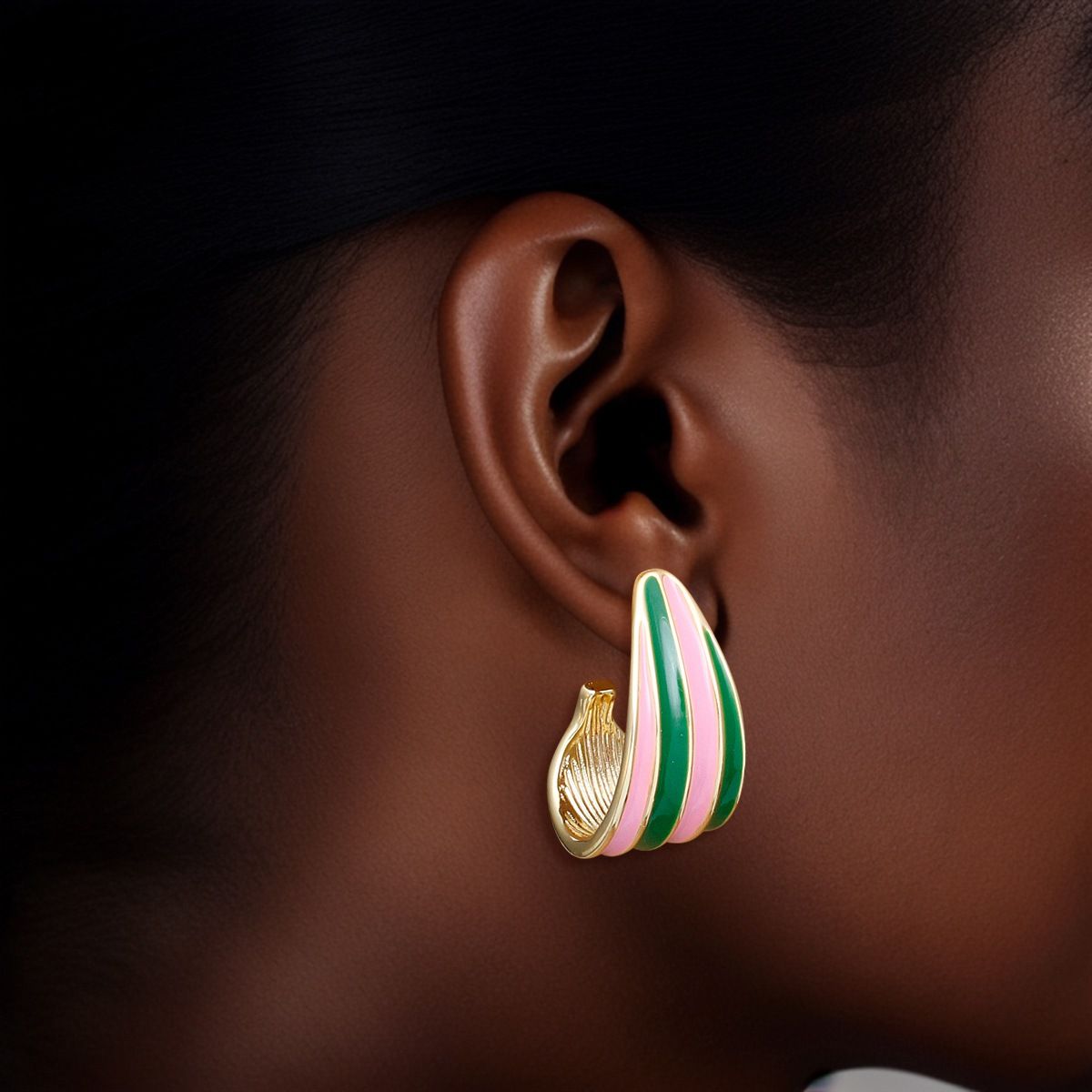 Open Hoop 14K Gold Pink Green Stripe Earrings