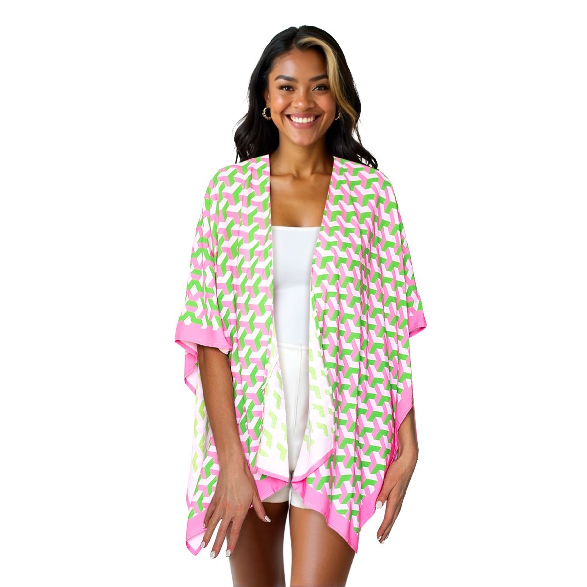 Kimono Pink Green Block Print AKA Women