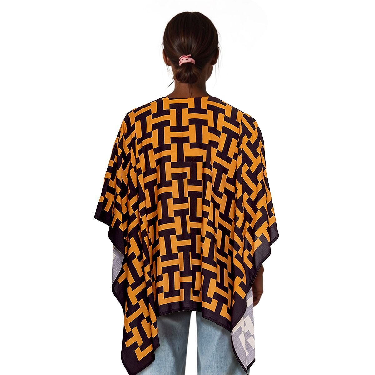 Kimono Black and Camel Geometric Print Women