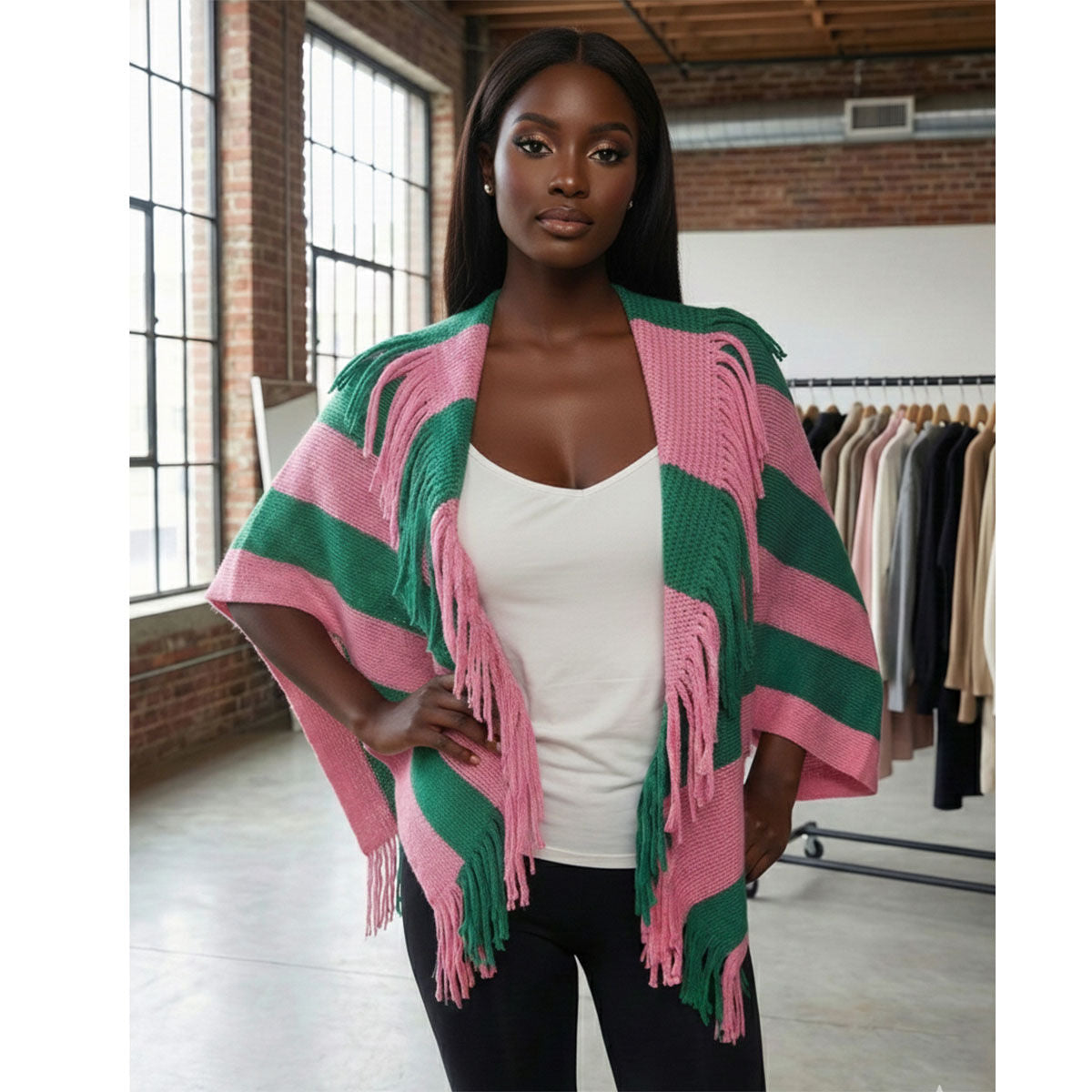 AKA Pink and Green Stripe Fringe Cocoon Top