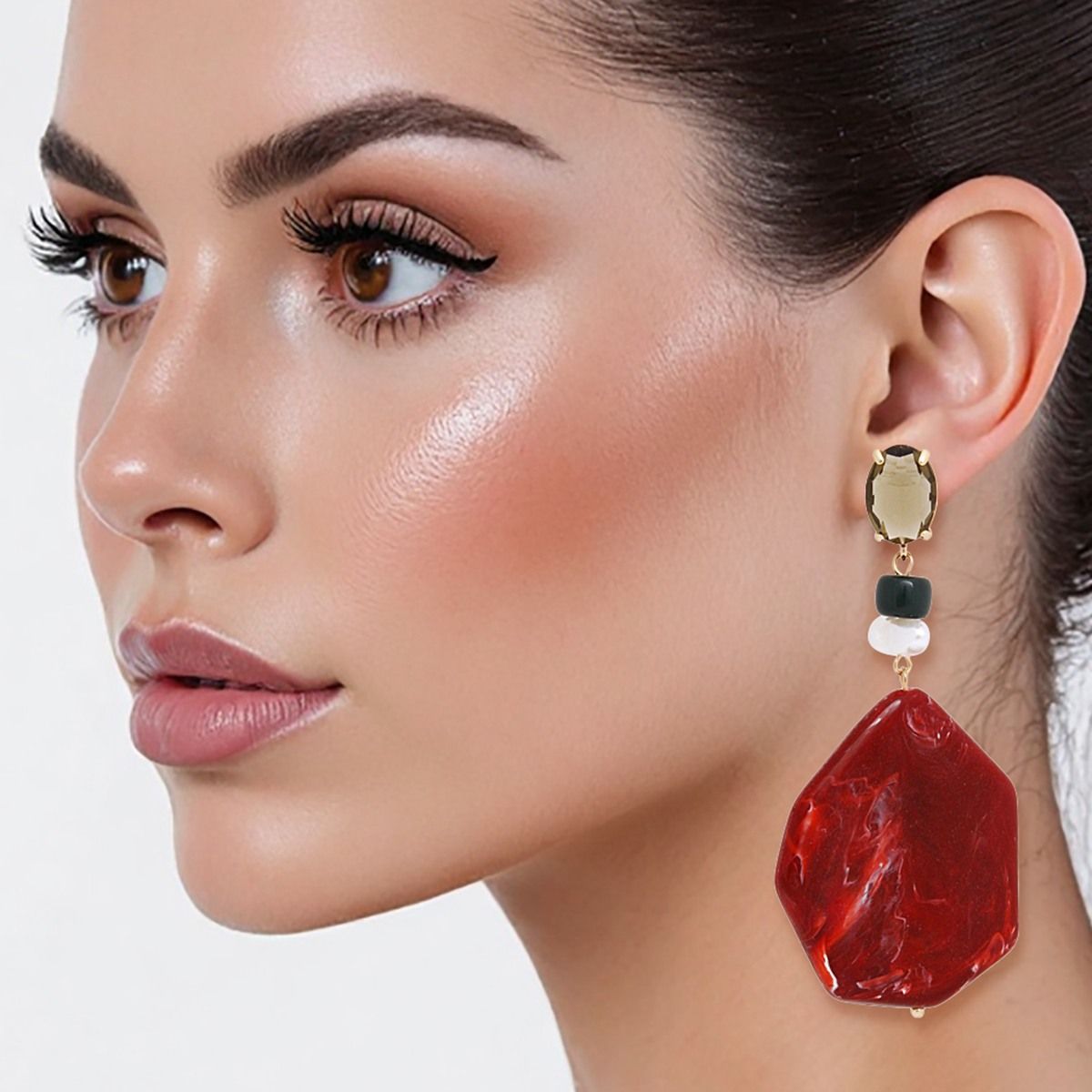 Dangle Red Marble and Olive Oval Crystal Earrings