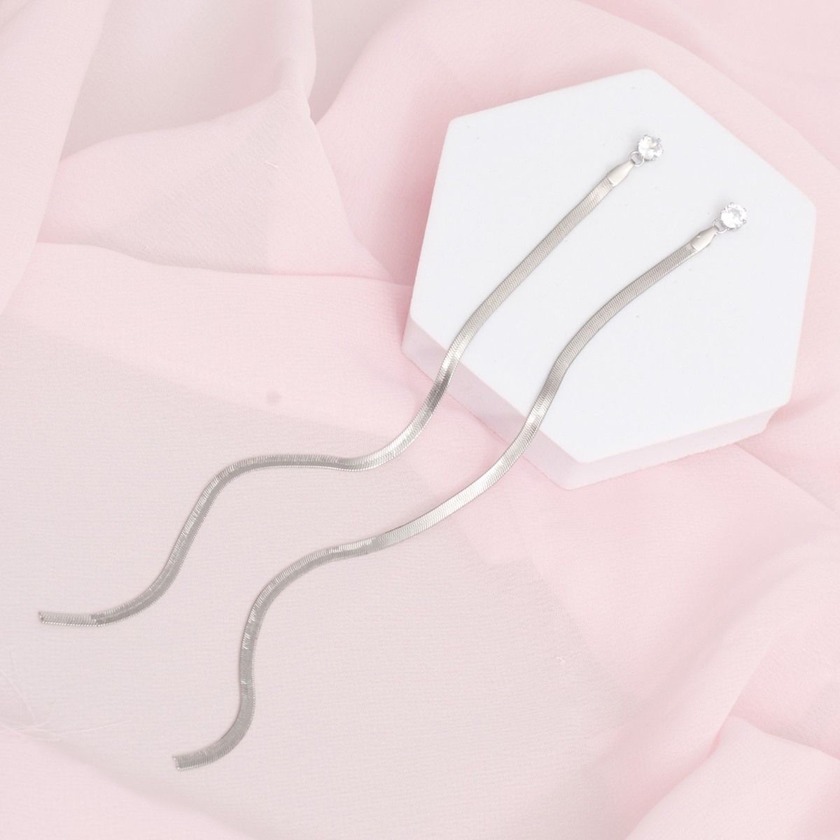 Shoulder Duster Silver Herringbone Chain Earrings