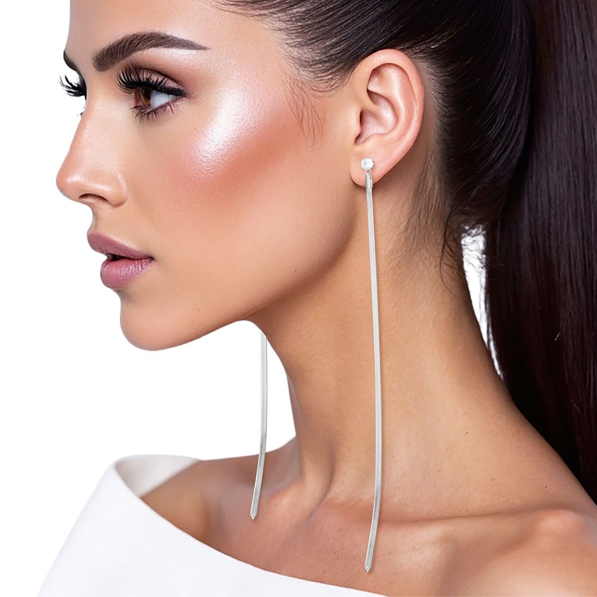Shoulder Duster Silver Herringbone Chain Earrings