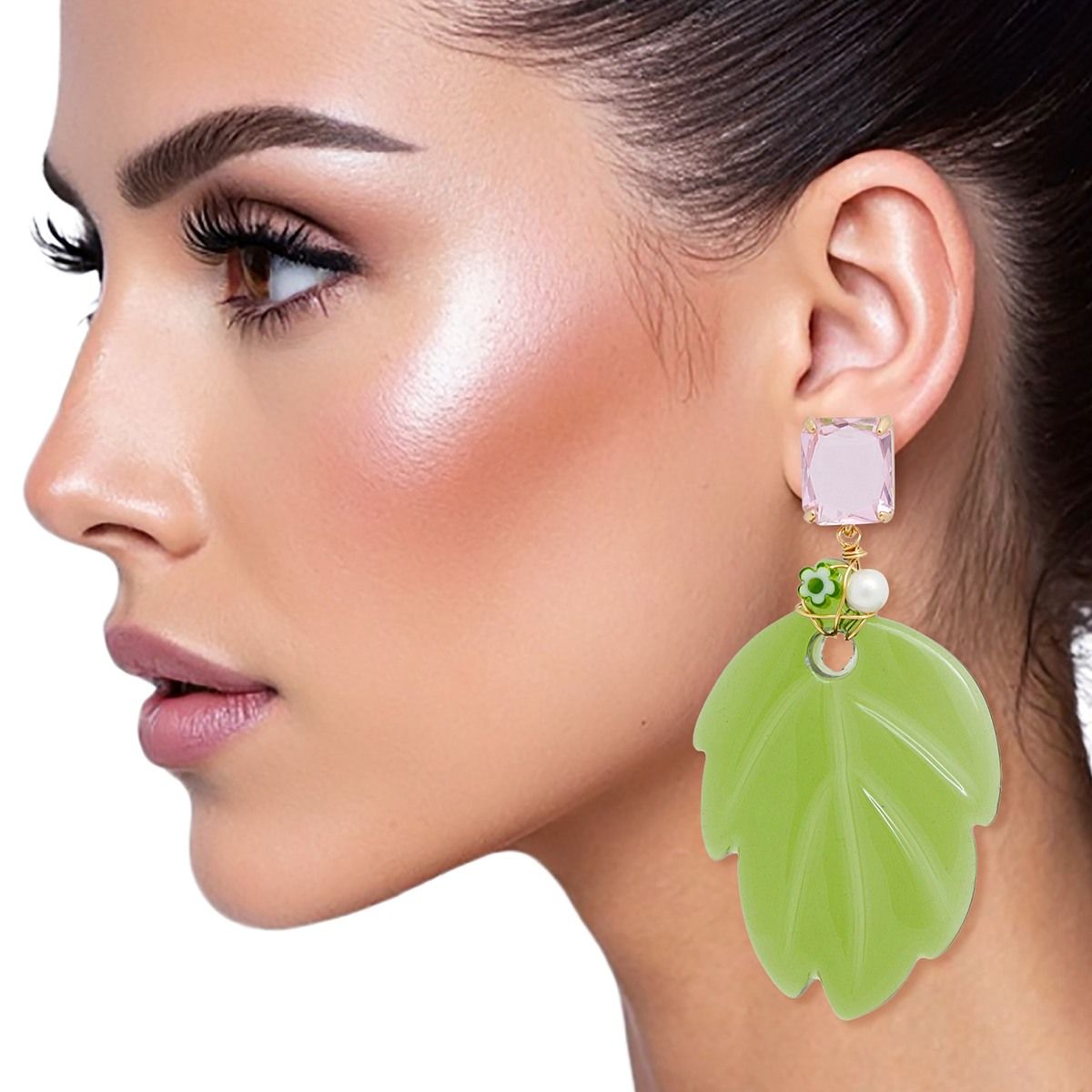 AKA Green and Pink Tropical Leaf Drop Earrings